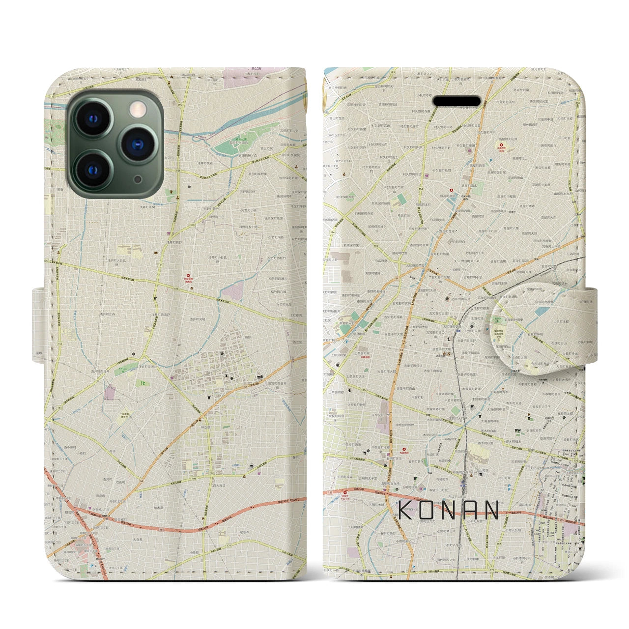 【江南(愛知県)】地図柄iPhoneケース(手帳タイプ)ナチュラル・iPhone 11 Pro 用