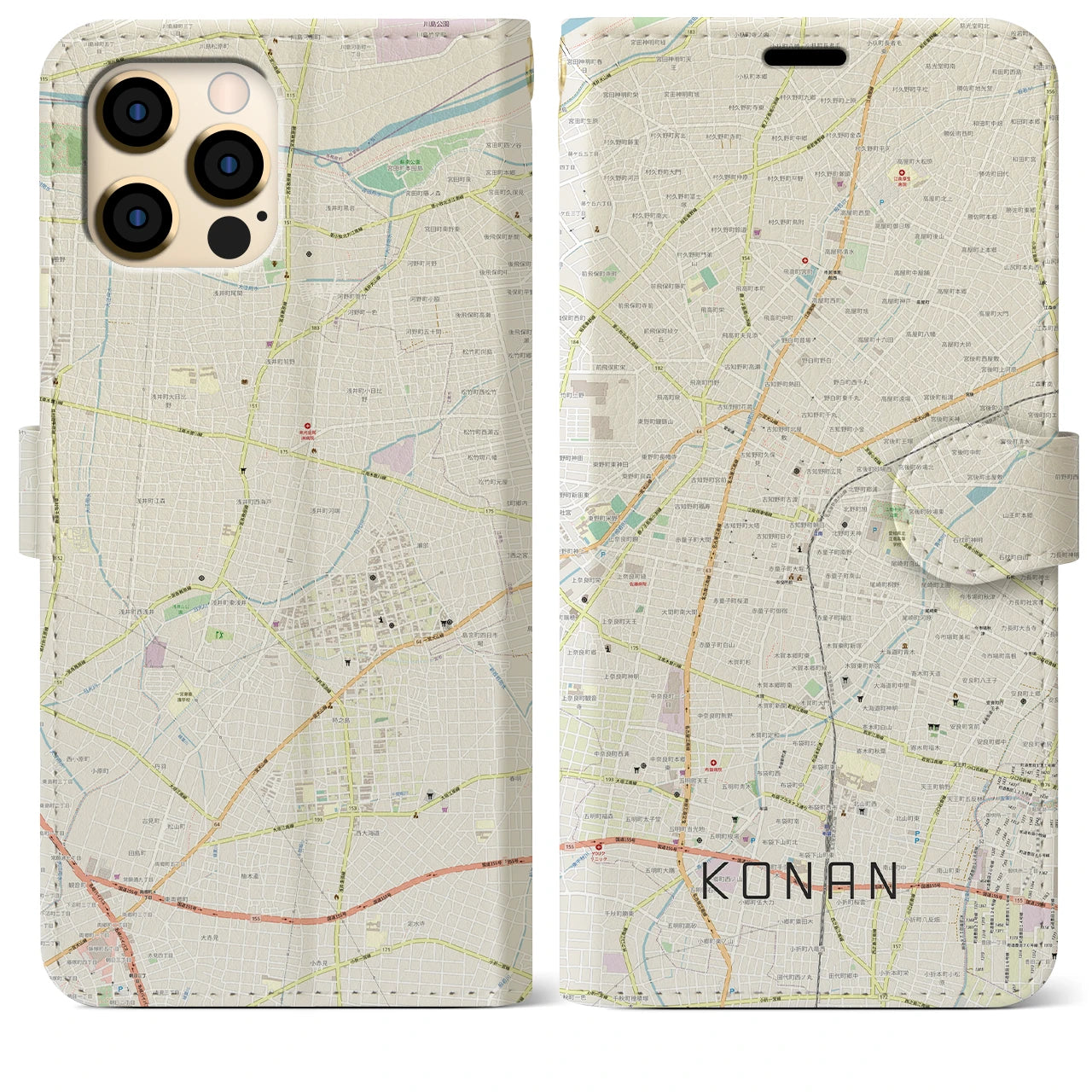 【江南(愛知県)】地図柄iPhoneケース(手帳タイプ)ナチュラル・iPhone 12 Pro Max 用