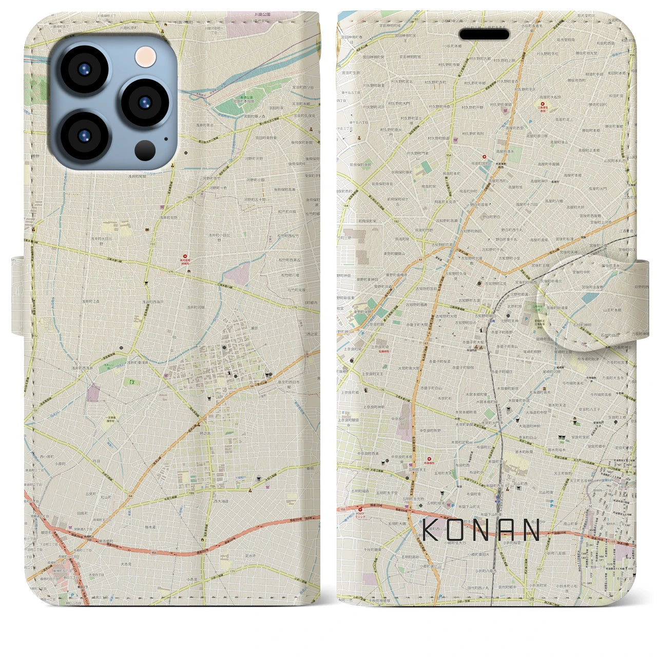 【江南(愛知県)】地図柄iPhoneケース(手帳タイプ)ナチュラル・iPhone 13 Pro Max 用