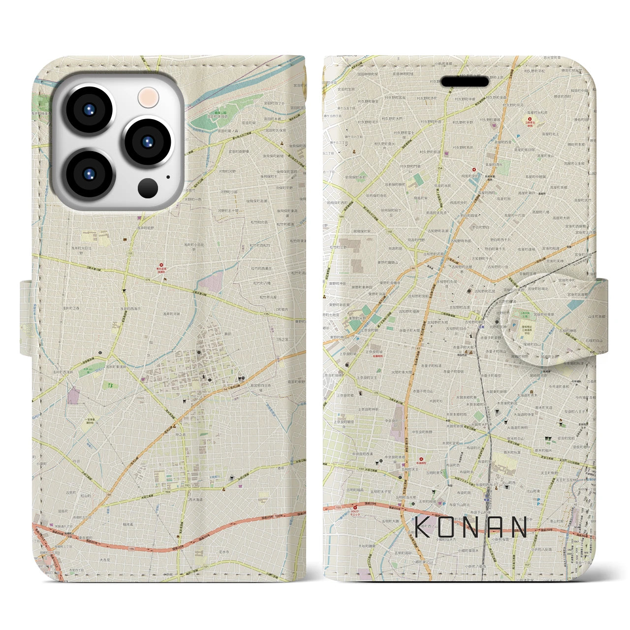 【江南(愛知県)】地図柄iPhoneケース(手帳タイプ)ナチュラル・iPhone 13 Pro 用