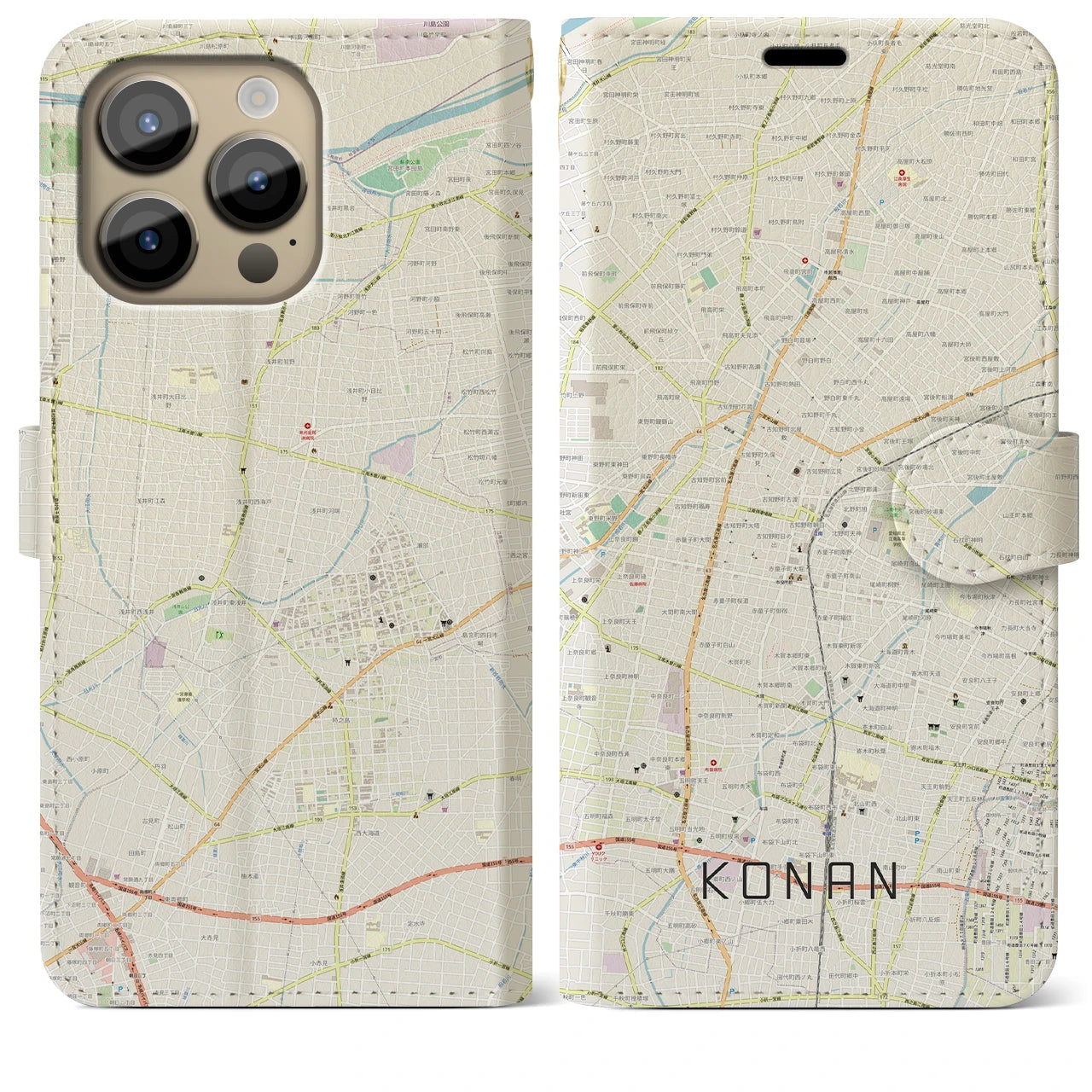 【江南(愛知県)】地図柄iPhoneケース(手帳タイプ)ナチュラル・iPhone 14 Pro Max 用
