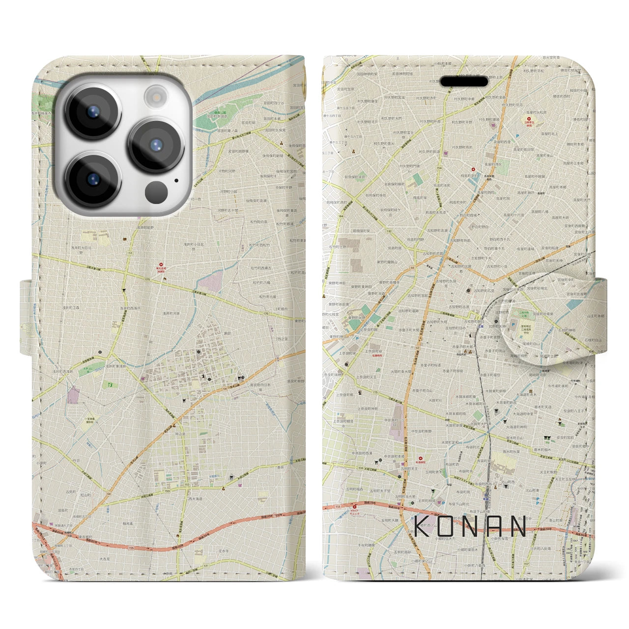 【江南(愛知県)】地図柄iPhoneケース(手帳タイプ)ナチュラル・iPhone 14 Pro 用