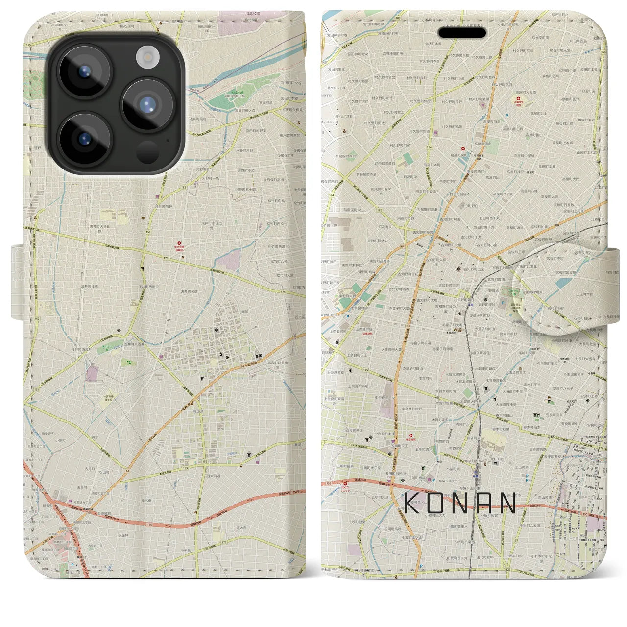 【江南(愛知県)】地図柄iPhoneケース(手帳タイプ)ナチュラル・iPhone 15 Pro Max 用