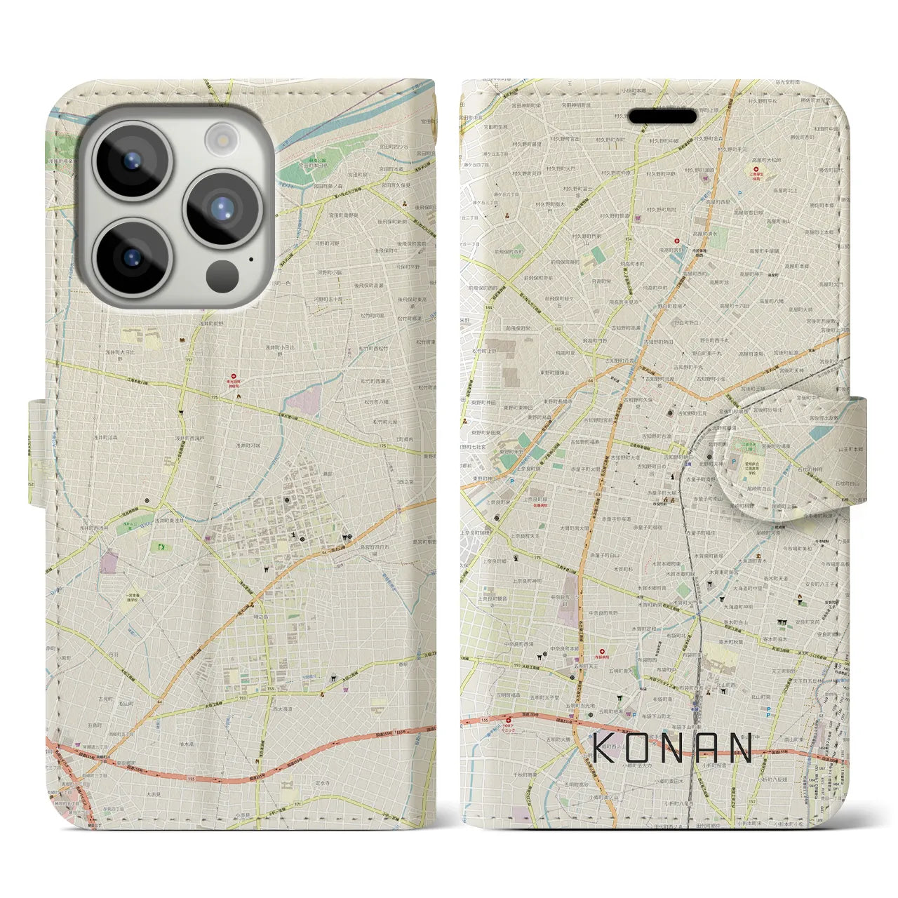 【江南(愛知県)】地図柄iPhoneケース(手帳タイプ)ナチュラル・iPhone 15 Pro 用