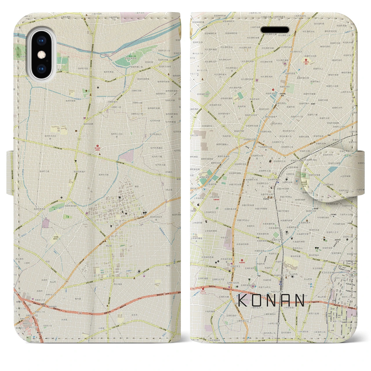 【江南(愛知県)】地図柄iPhoneケース(手帳タイプ)ナチュラル・iPhone XS Max 用