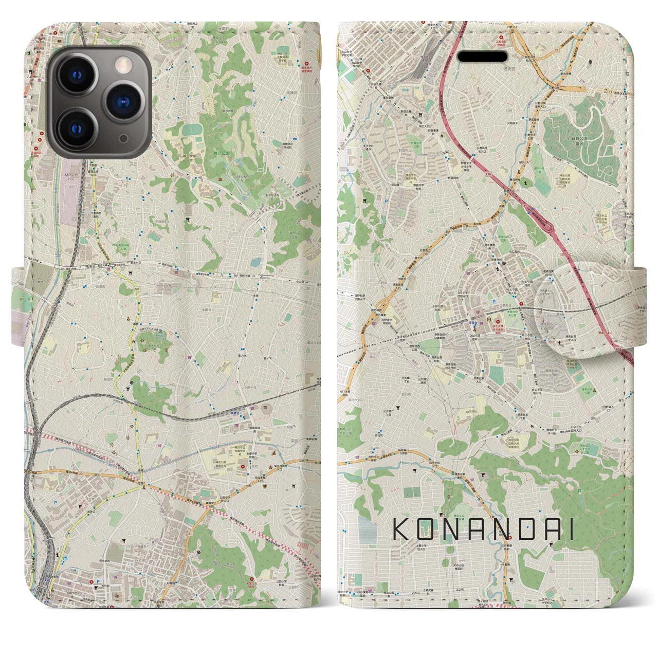 【港南台(神奈川県)】地図柄iPhoneケース(手帳タイプ)ナチュラル・iPhone 11 Pro Max 用