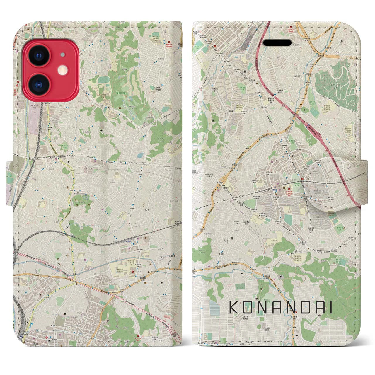 【港南台(神奈川県)】地図柄iPhoneケース(手帳タイプ)ナチュラル・iPhone 11 用