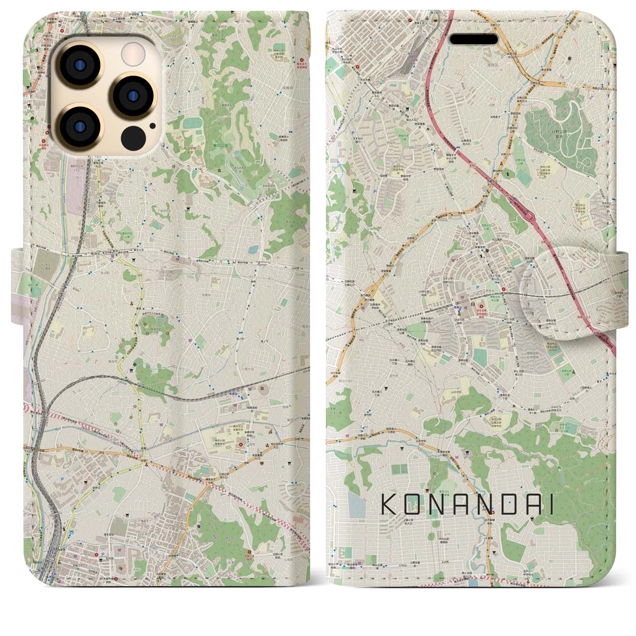 【港南台(神奈川県)】地図柄iPhoneケース(手帳タイプ)ナチュラル・iPhone 12 Pro Max 用
