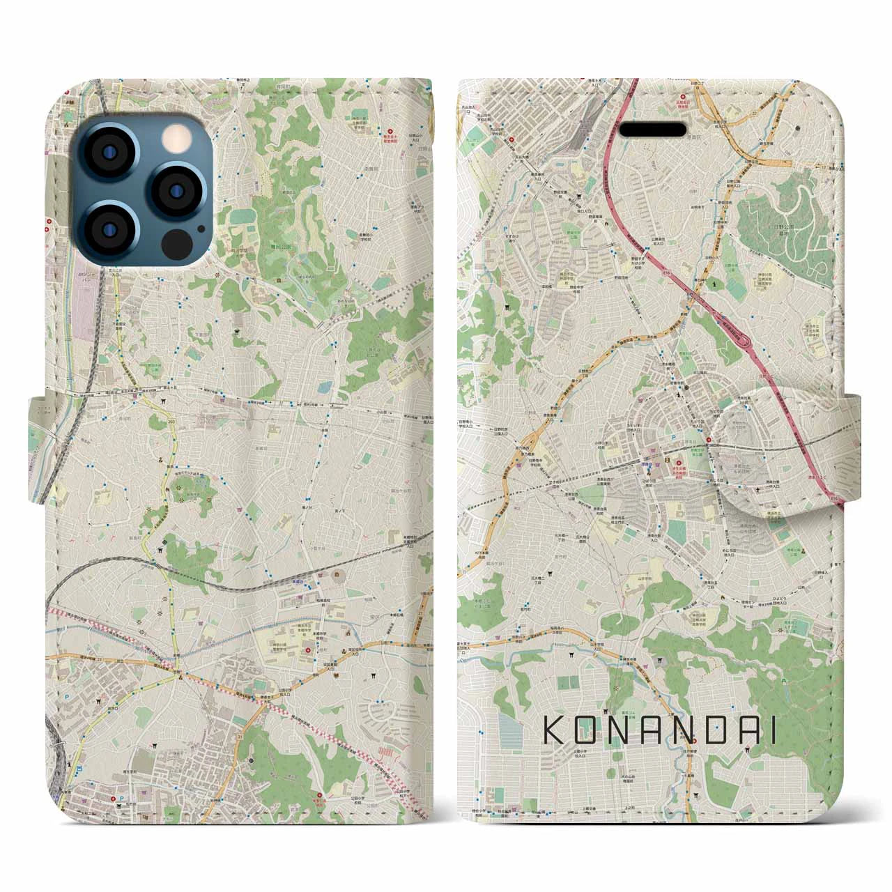 【港南台(神奈川県)】地図柄iPhoneケース(手帳タイプ)ナチュラル・iPhone 12 / 12 Pro 用