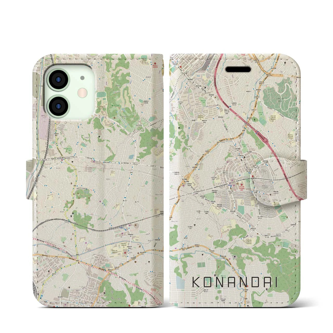 【港南台(神奈川県)】地図柄iPhoneケース(手帳タイプ)ナチュラル・iPhone 12 mini 用