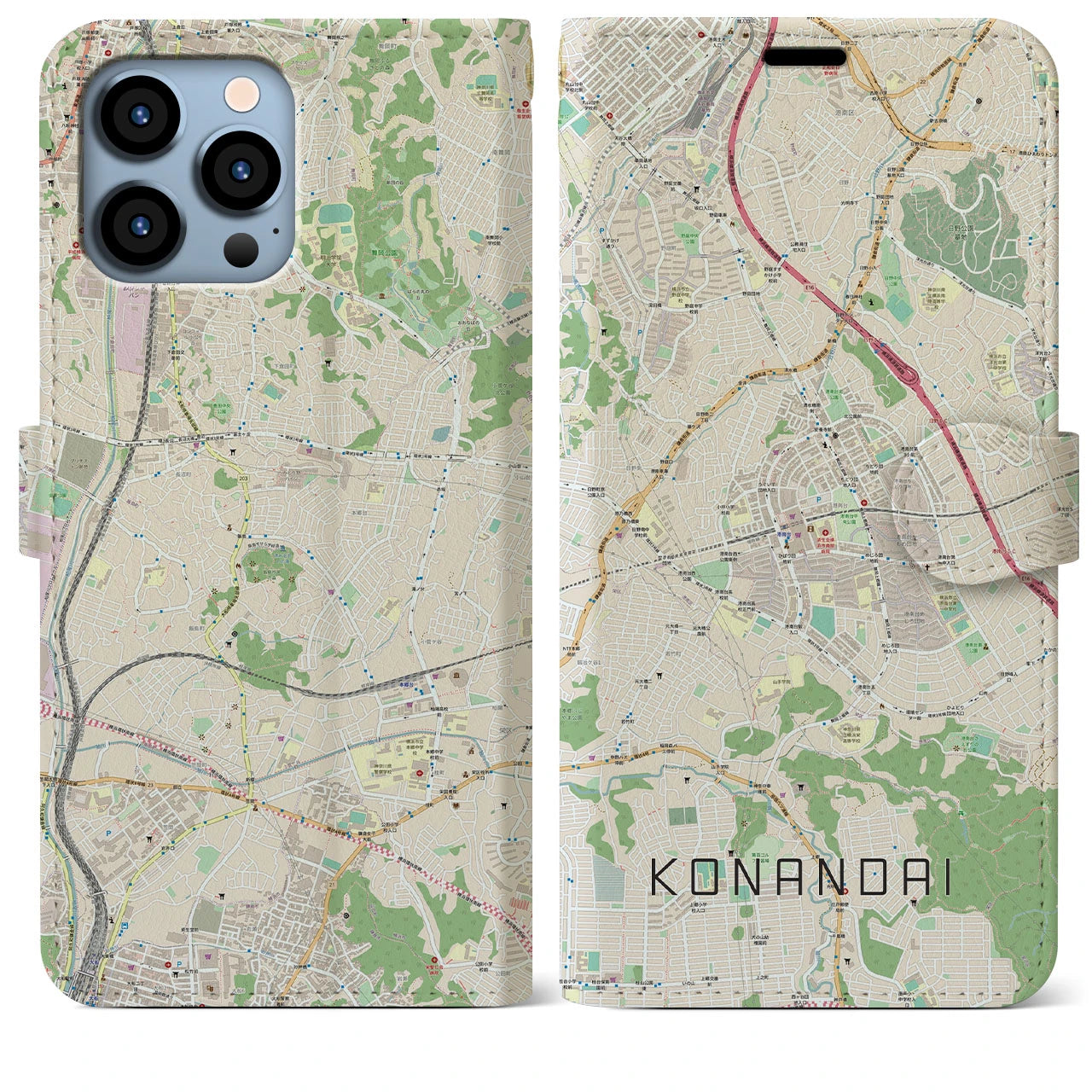 【港南台(神奈川県)】地図柄iPhoneケース(手帳タイプ)ナチュラル・iPhone 13 Pro Max 用