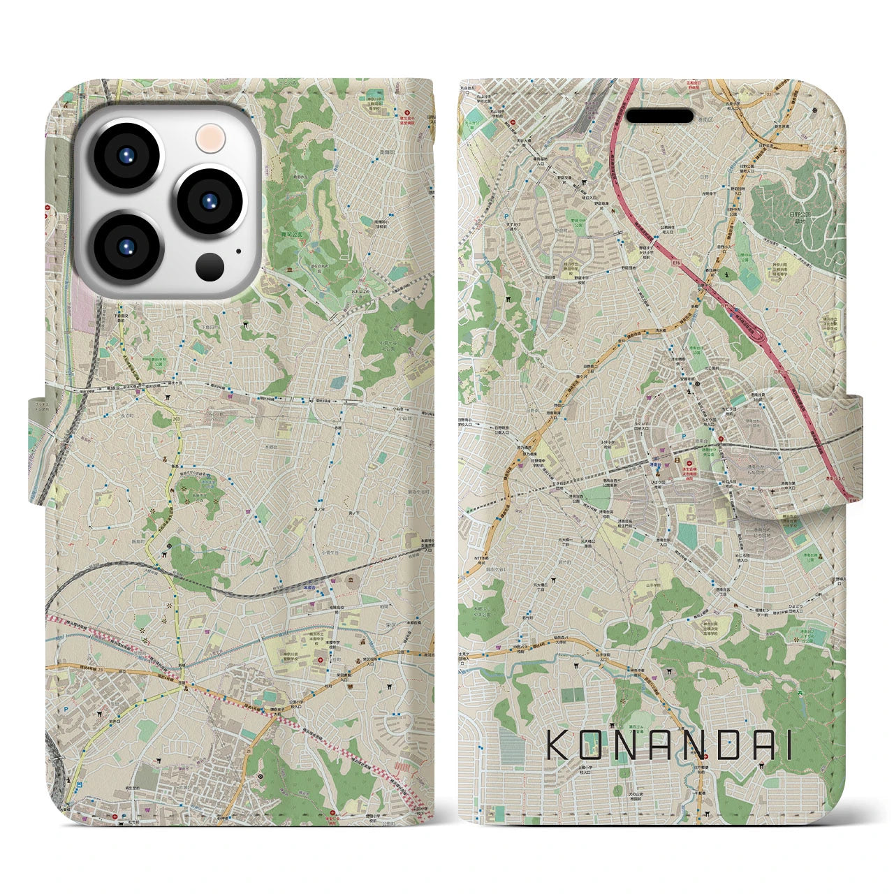 【港南台(神奈川県)】地図柄iPhoneケース(手帳タイプ)ナチュラル・iPhone 13 Pro 用