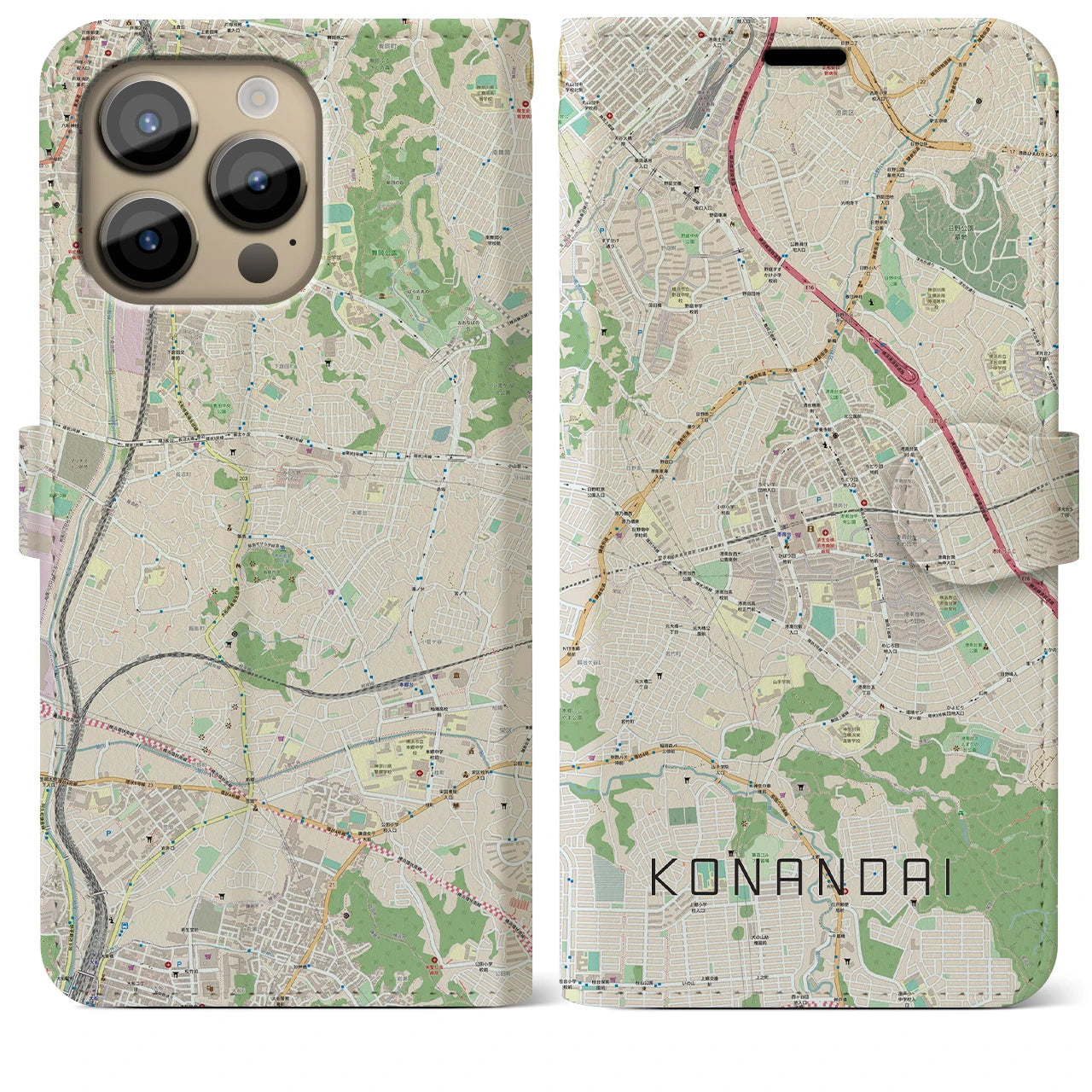 【港南台(神奈川県)】地図柄iPhoneケース(手帳タイプ)ナチュラル・iPhone 14 Pro Max 用