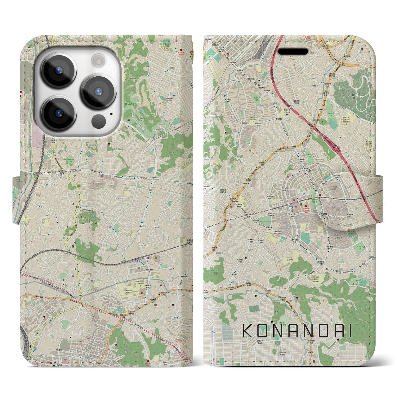 【港南台(神奈川県)】地図柄iPhoneケース(手帳タイプ)ナチュラル・iPhone 14 Pro 用
