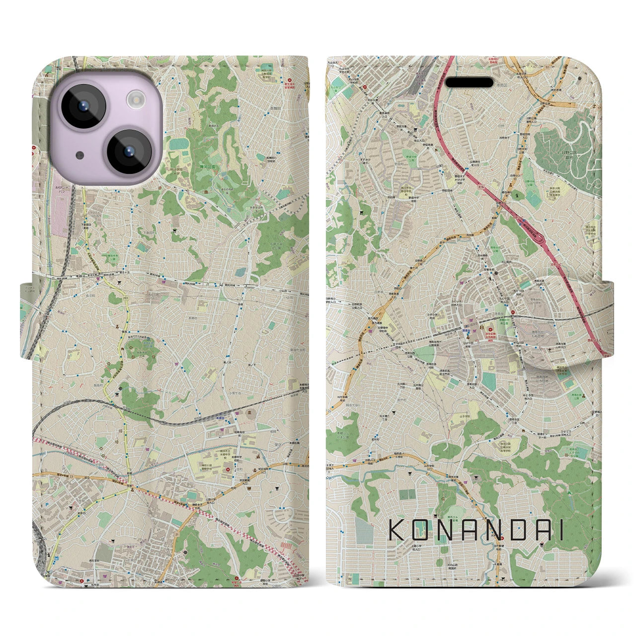 【港南台(神奈川県)】地図柄iPhoneケース(手帳タイプ)ナチュラル・iPhone 14 用