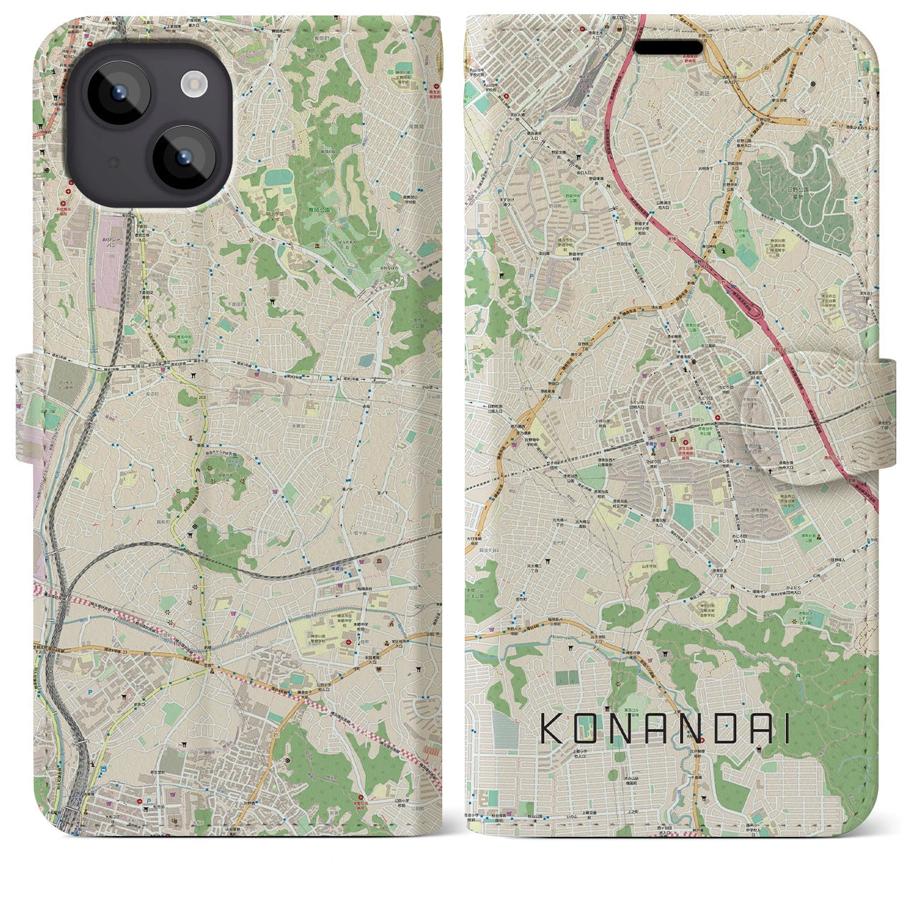 【港南台(神奈川県)】地図柄iPhoneケース(手帳タイプ)ナチュラル・iPhone 14 Plus 用