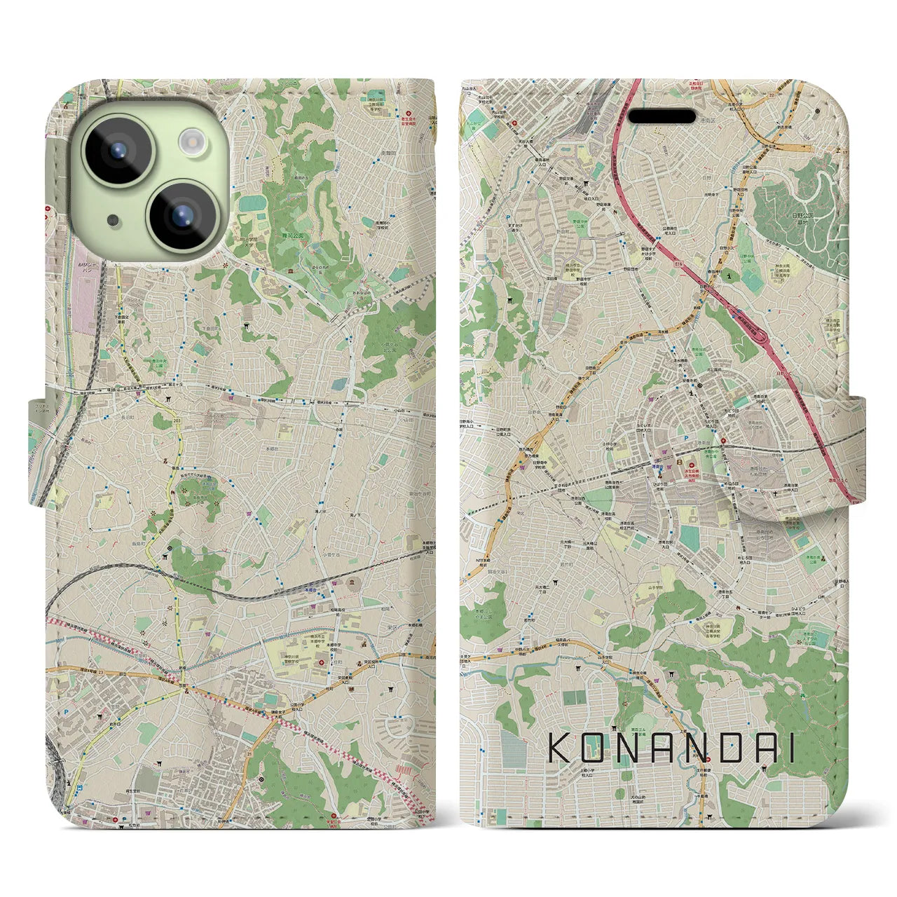 【港南台(神奈川県)】地図柄iPhoneケース(手帳タイプ)ナチュラル・iPhone 15 用