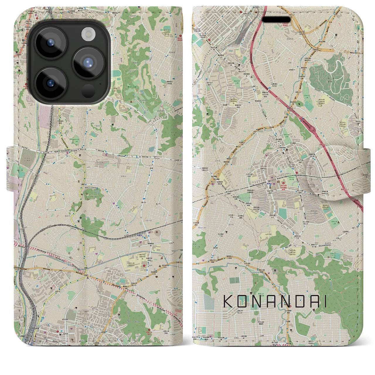 【港南台(神奈川県)】地図柄iPhoneケース(手帳タイプ)ナチュラル・iPhone 15 Pro Max 用