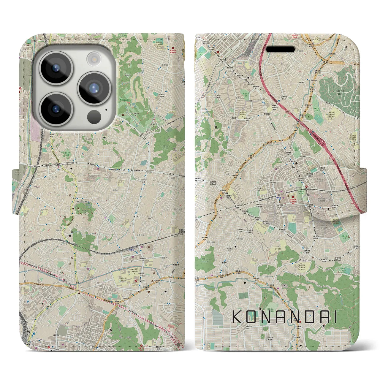 【港南台(神奈川県)】地図柄iPhoneケース(手帳タイプ)ナチュラル・iPhone 15 Pro 用