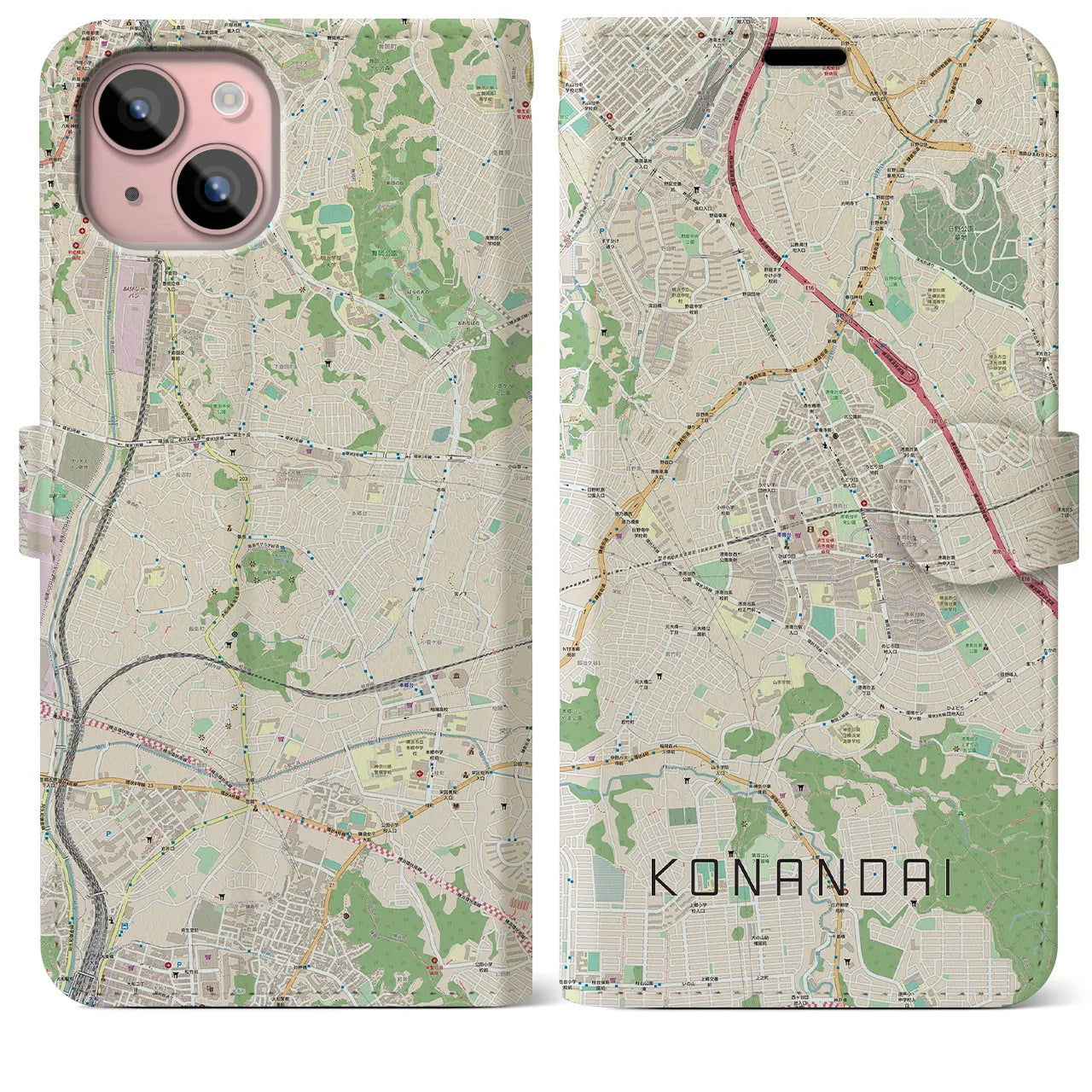 【港南台(神奈川県)】地図柄iPhoneケース(手帳タイプ)ナチュラル・iPhone 15 Plus 用