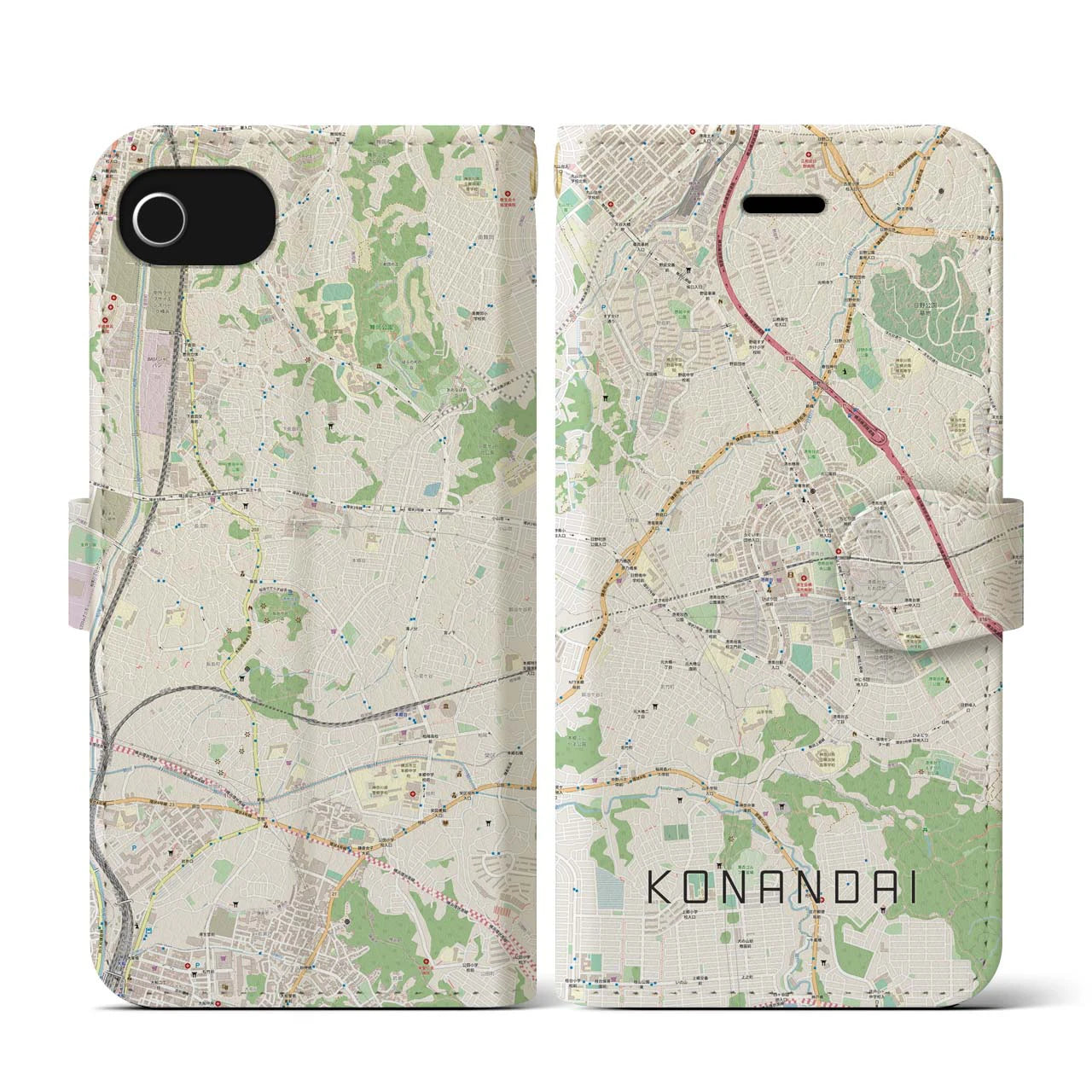 【港南台(神奈川県)】地図柄iPhoneケース(手帳タイプ)ナチュラル・iPhone SE(第3 / 第2世代) / 8 / 7 / 6s / 6 用
