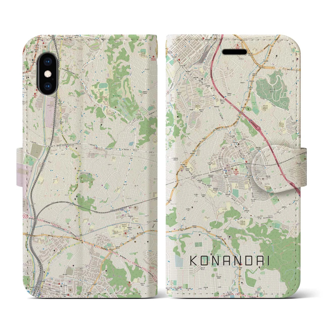 【港南台(神奈川県)】地図柄iPhoneケース(手帳タイプ)ナチュラル・iPhone XS / X 用