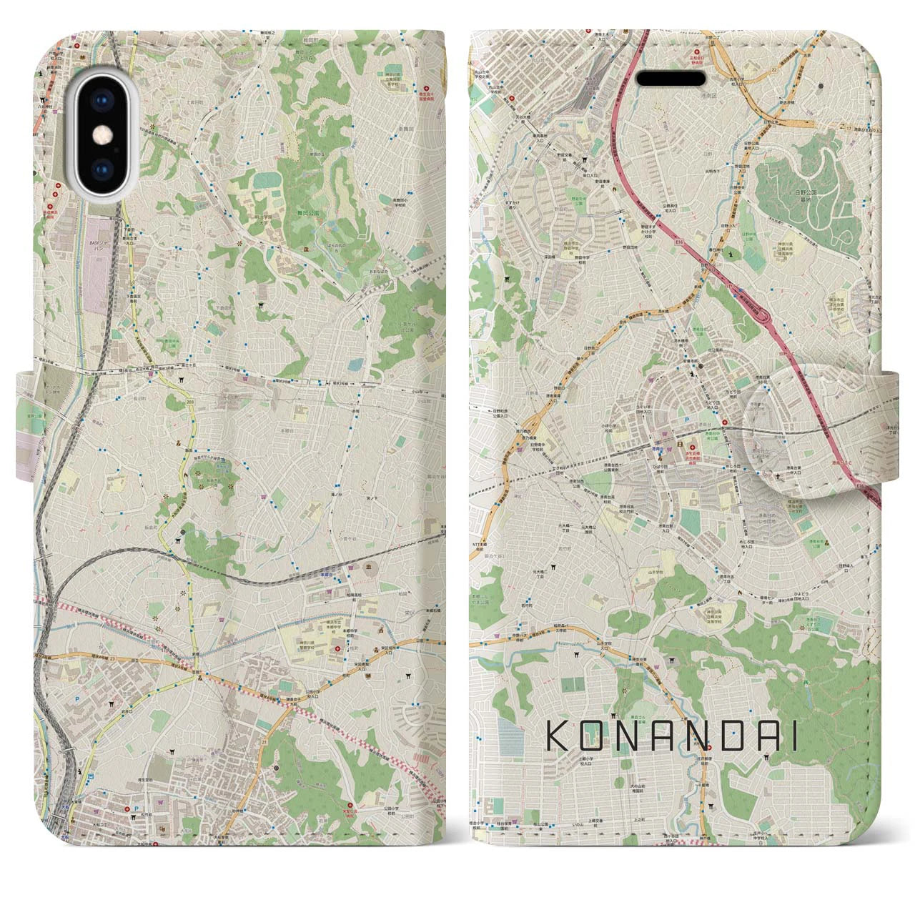【港南台(神奈川県)】地図柄iPhoneケース(手帳タイプ)ナチュラル・iPhone XS Max 用