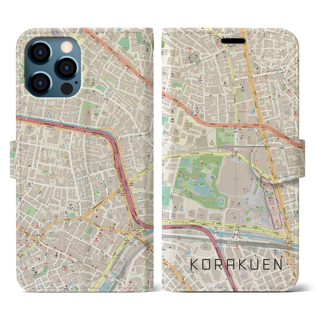【後楽園(東京都)】地図柄iPhoneケース(手帳タイプ)ナチュラル・iPhone 12 / 12 Pro 用