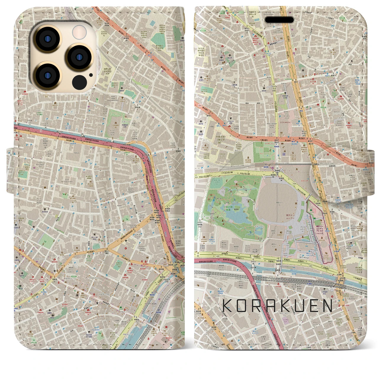 【後楽園(東京都)】地図柄iPhoneケース(手帳タイプ)ナチュラル・iPhone 12 Pro Max 用