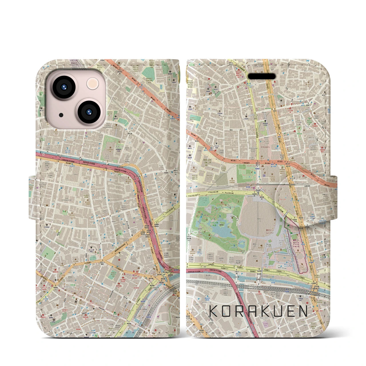 【後楽園(東京都)】地図柄iPhoneケース(手帳タイプ)ナチュラル・iPhone 13 mini 用