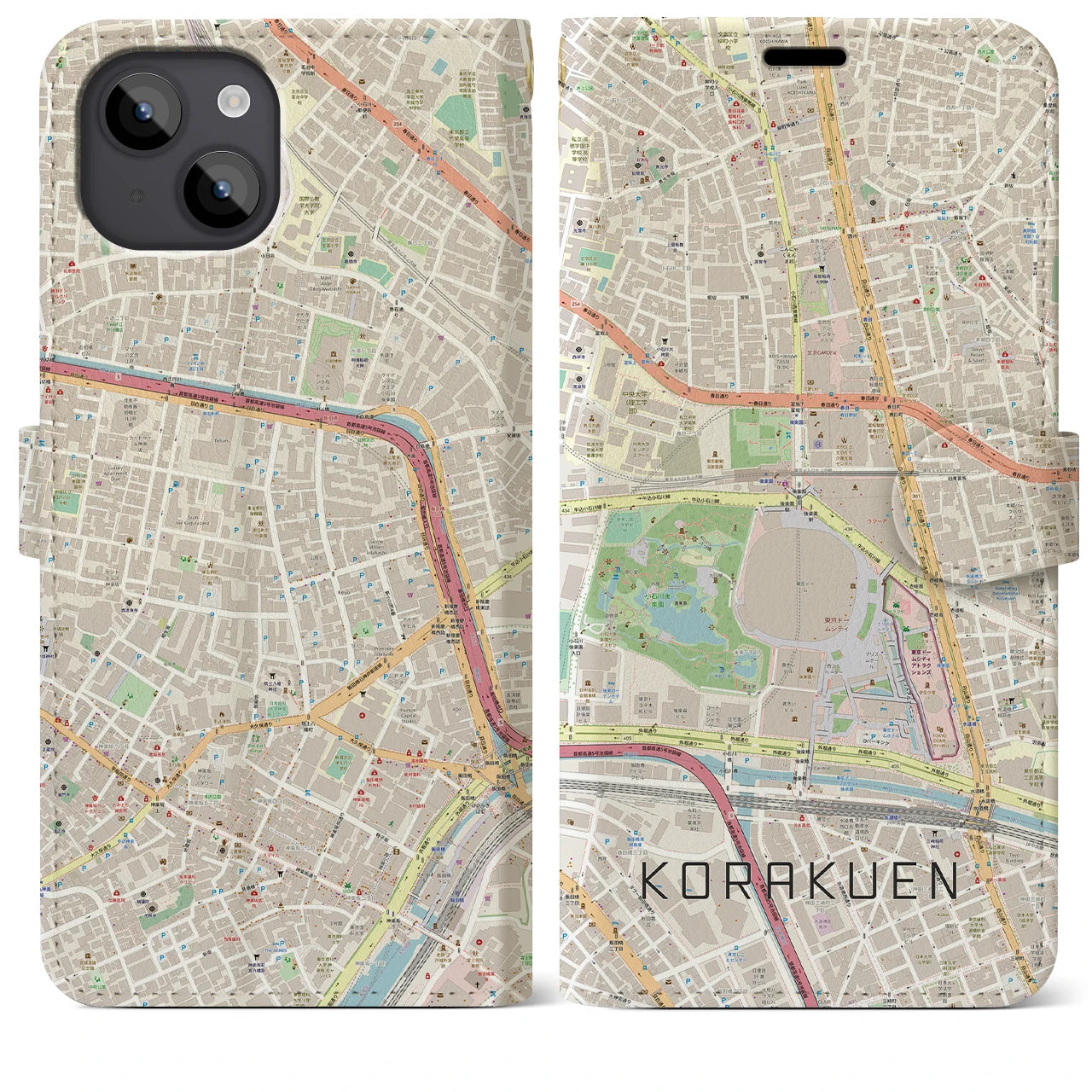 【後楽園(東京都)】地図柄iPhoneケース(手帳タイプ)ナチュラル・iPhone 14 Plus 用