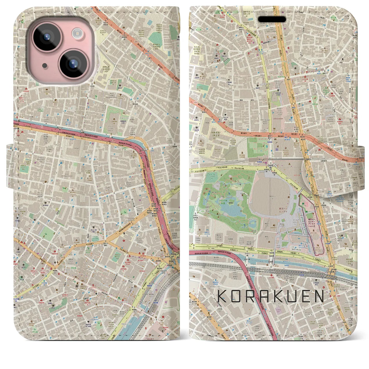 【後楽園(東京都)】地図柄iPhoneケース(手帳タイプ)ナチュラル・iPhone 15 Plus 用