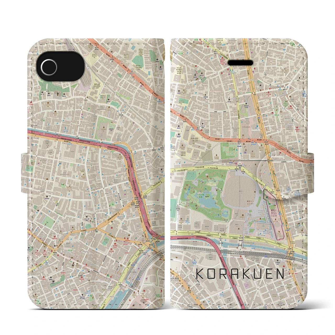 【後楽園(東京都)】地図柄iPhoneケース(手帳タイプ)ナチュラル・iPhone SE(第3 / 第2世代) / 8 / 7 / 6s / 6 用