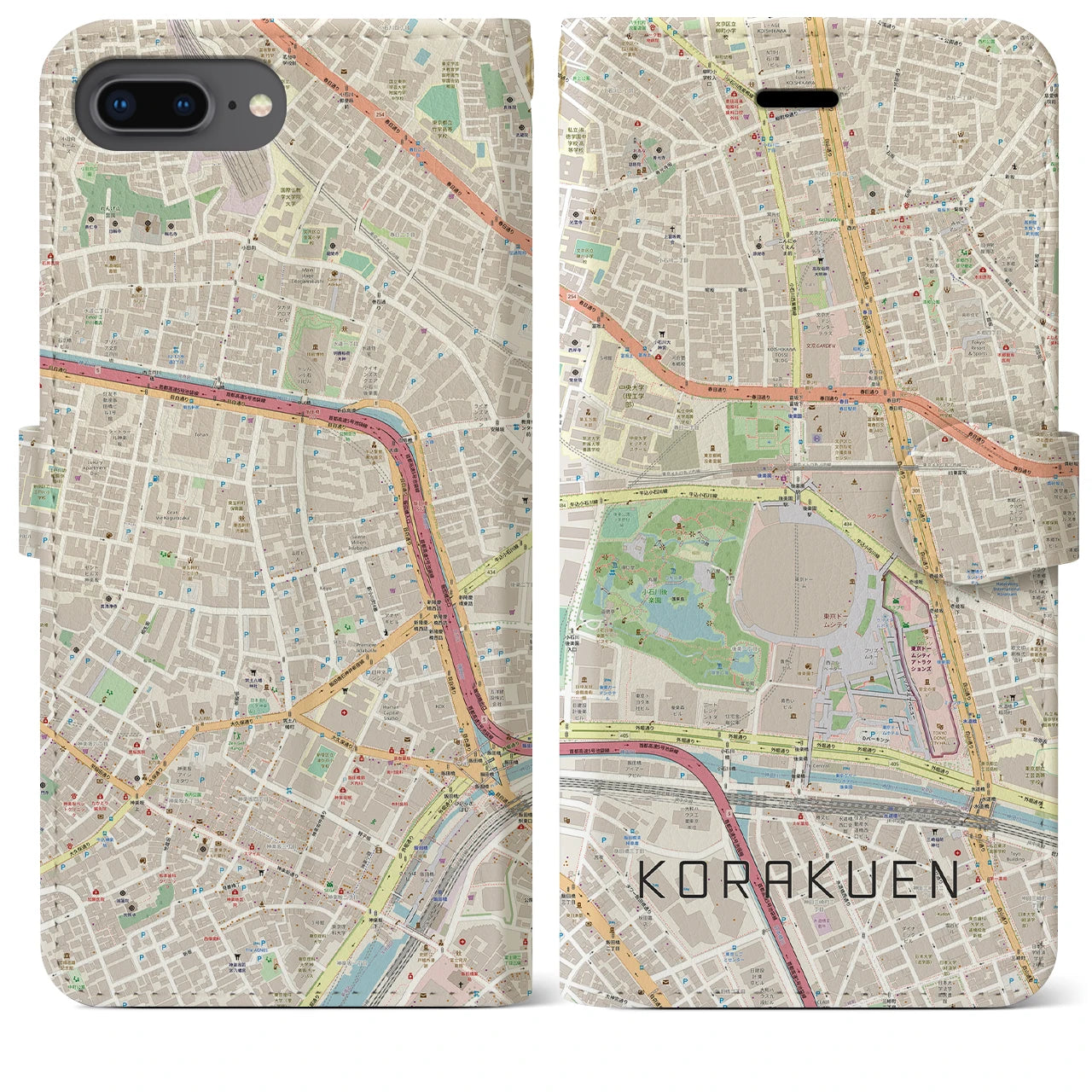 【後楽園(東京都)】地図柄iPhoneケース(手帳タイプ)ナチュラル・iPhone 8Plus /7Plus / 6sPlus / 6Plus 用