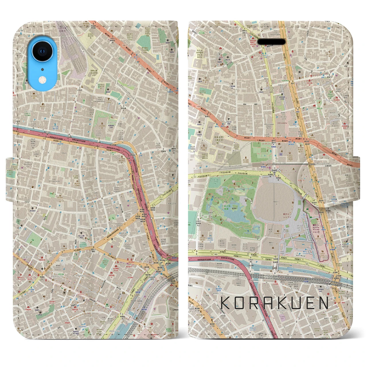 【後楽園(東京都)】地図柄iPhoneケース(手帳タイプ)ナチュラル・iPhone XR 用