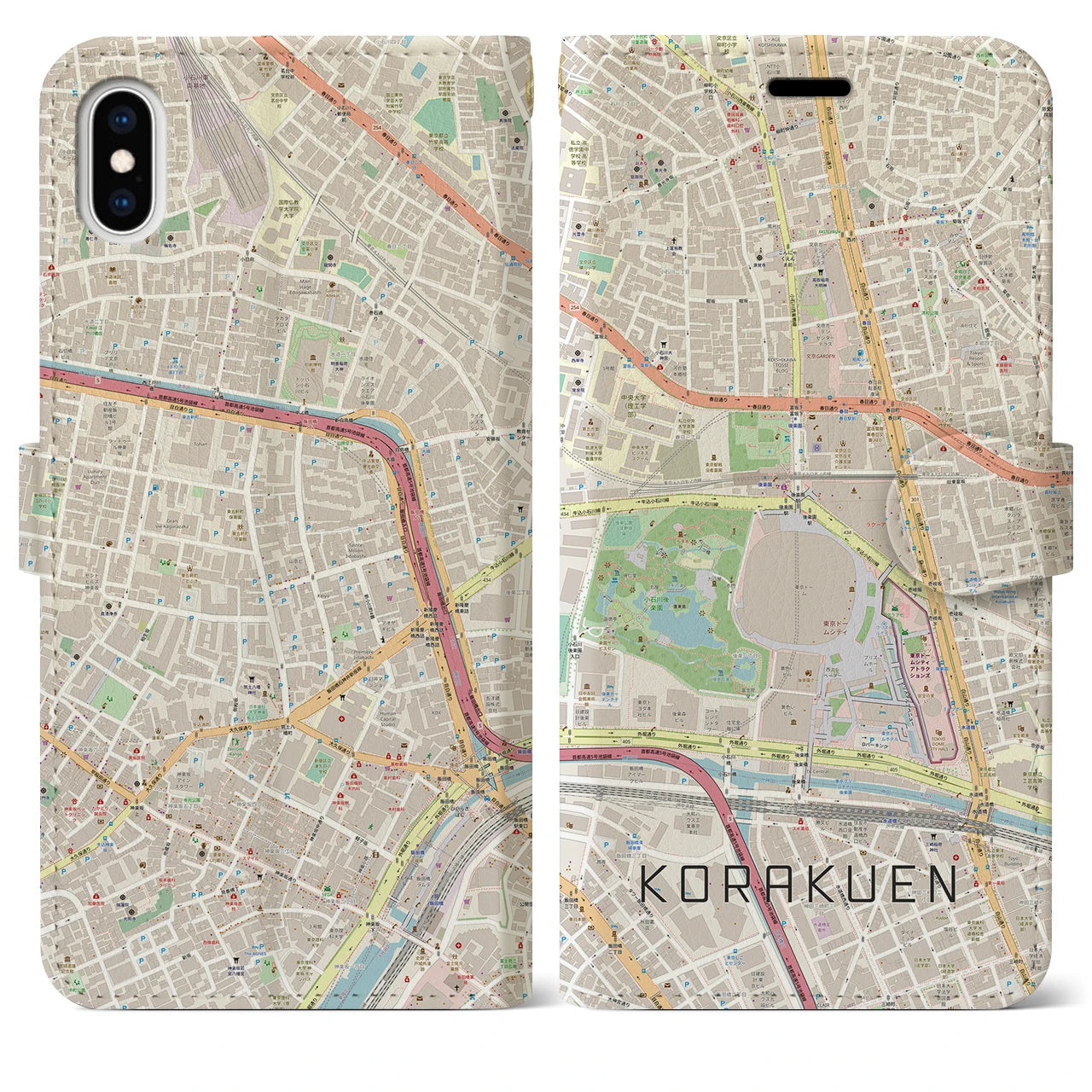 【後楽園(東京都)】地図柄iPhoneケース(手帳タイプ)ナチュラル・iPhone XS Max 用