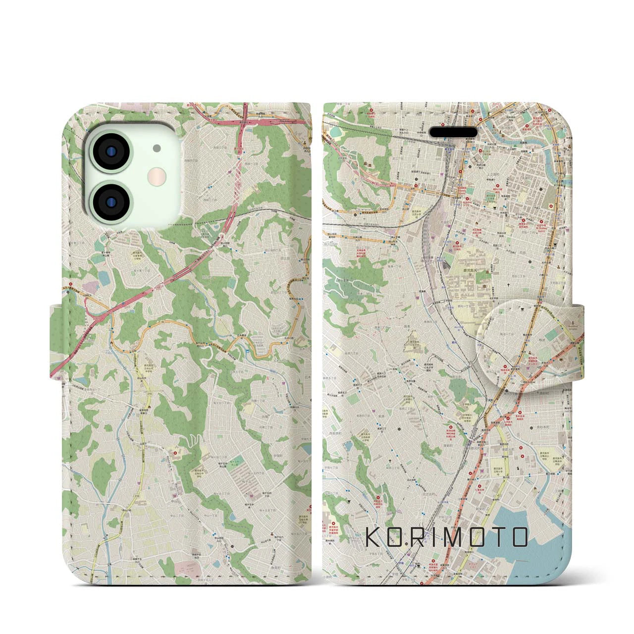 【郡元(鹿児島県)】地図柄iPhoneケース(手帳タイプ)ナチュラル・iPhone 12 mini 用