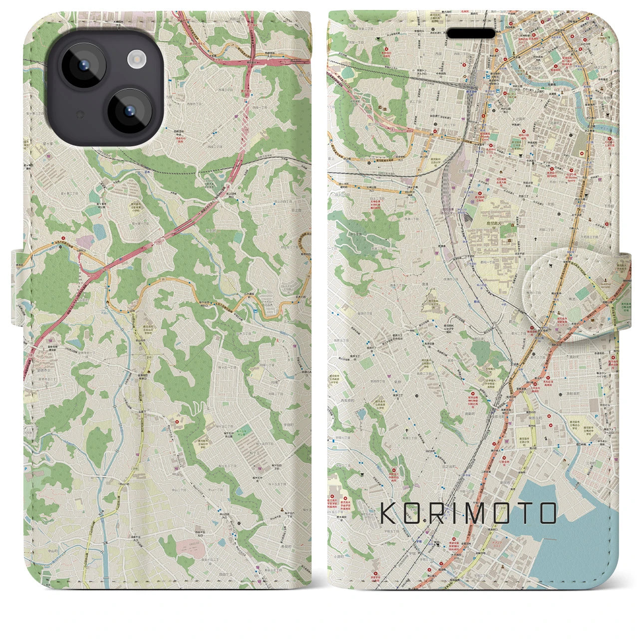 【郡元(鹿児島県)】地図柄iPhoneケース(手帳タイプ)ナチュラル・iPhone 14 Plus 用