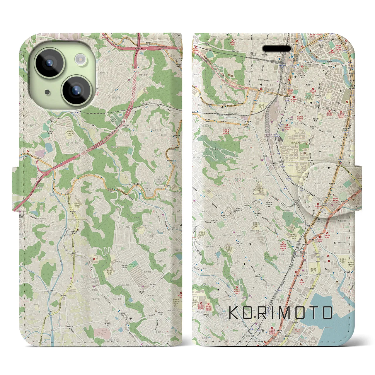 【郡元(鹿児島県)】地図柄iPhoneケース(手帳タイプ)ナチュラル・iPhone 15 用