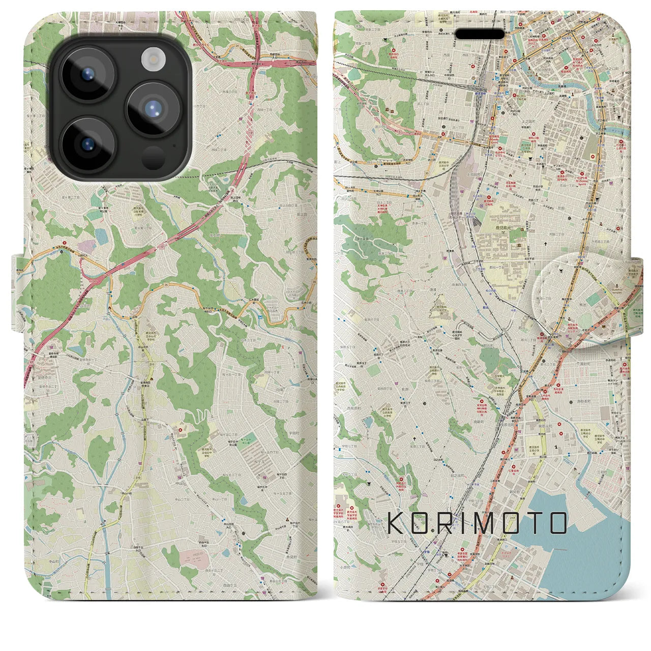 【郡元(鹿児島県)】地図柄iPhoneケース(手帳タイプ)ナチュラル・iPhone 15 Pro Max 用