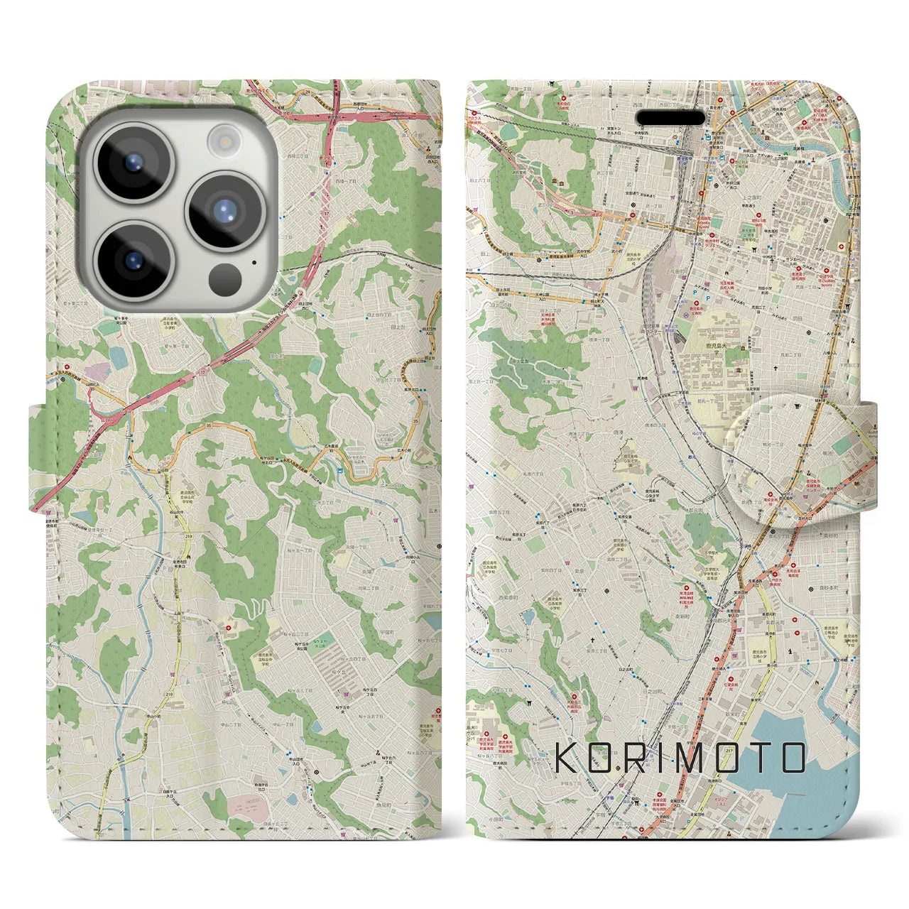 【郡元(鹿児島県)】地図柄iPhoneケース(手帳タイプ)ナチュラル・iPhone 15 Pro 用
