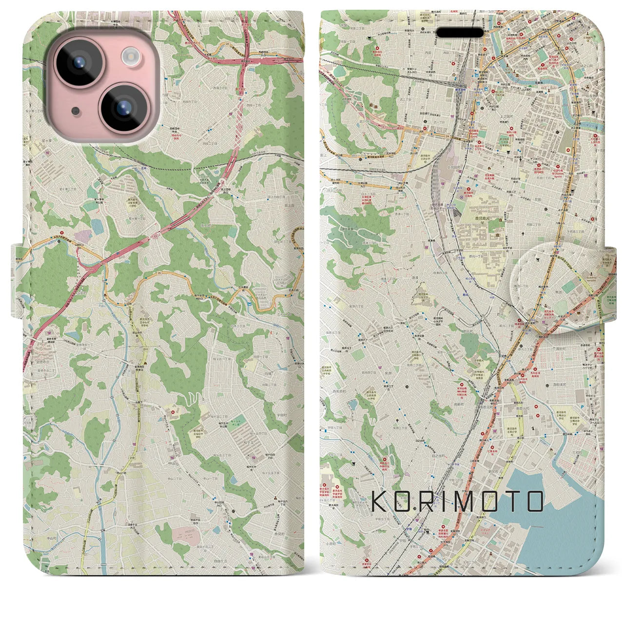 【郡元(鹿児島県)】地図柄iPhoneケース(手帳タイプ)ナチュラル・iPhone 15 Plus 用