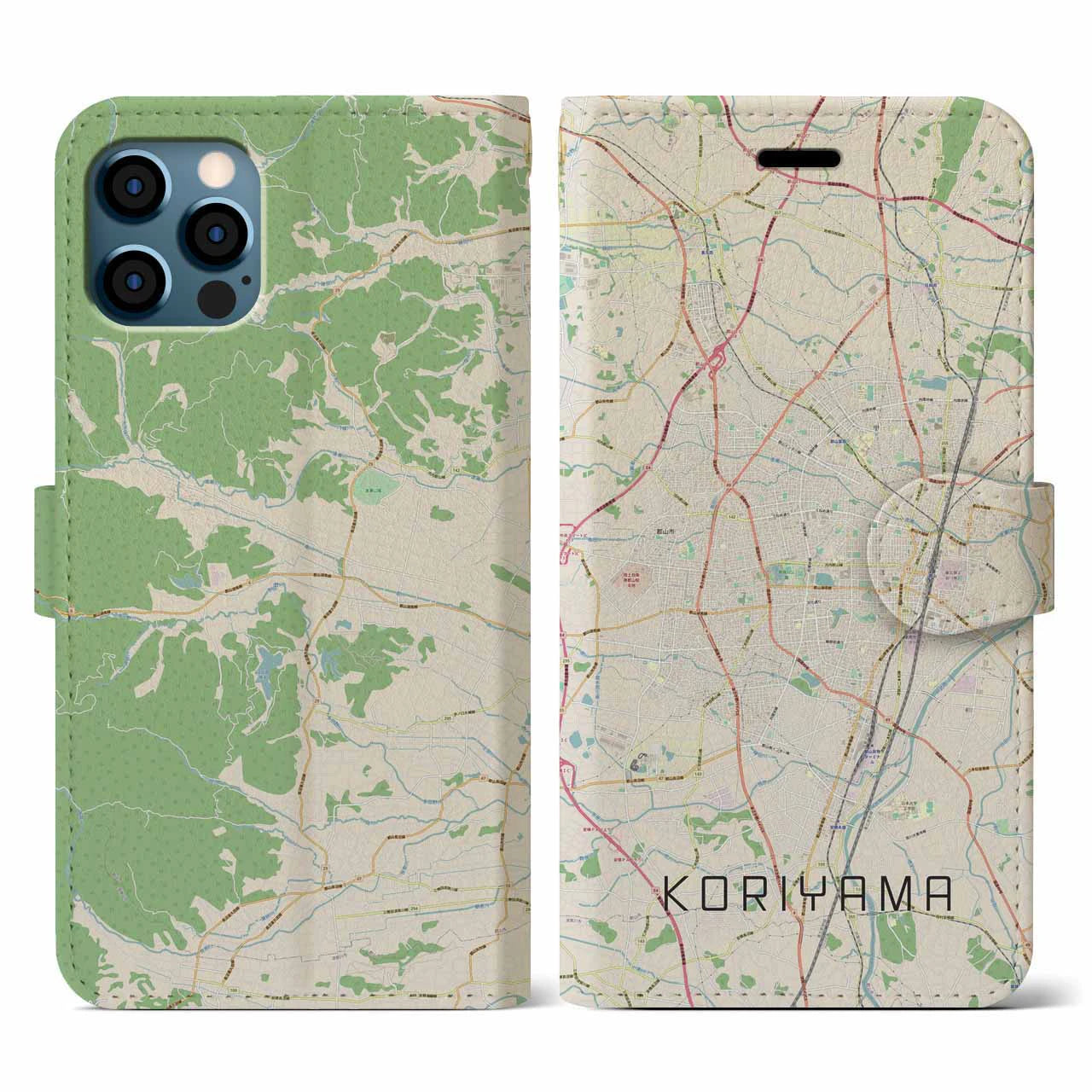 【郡山(福島県)】地図柄iPhoneケース(手帳タイプ)ナチュラル・iPhone 12 / 12 Pro 用
