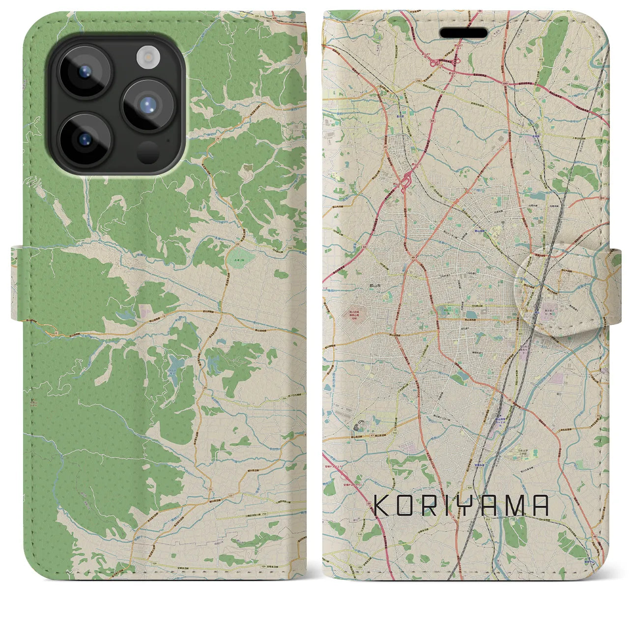 【郡山(福島県)】地図柄iPhoneケース(手帳タイプ)ナチュラル・iPhone 15 Pro Max 用