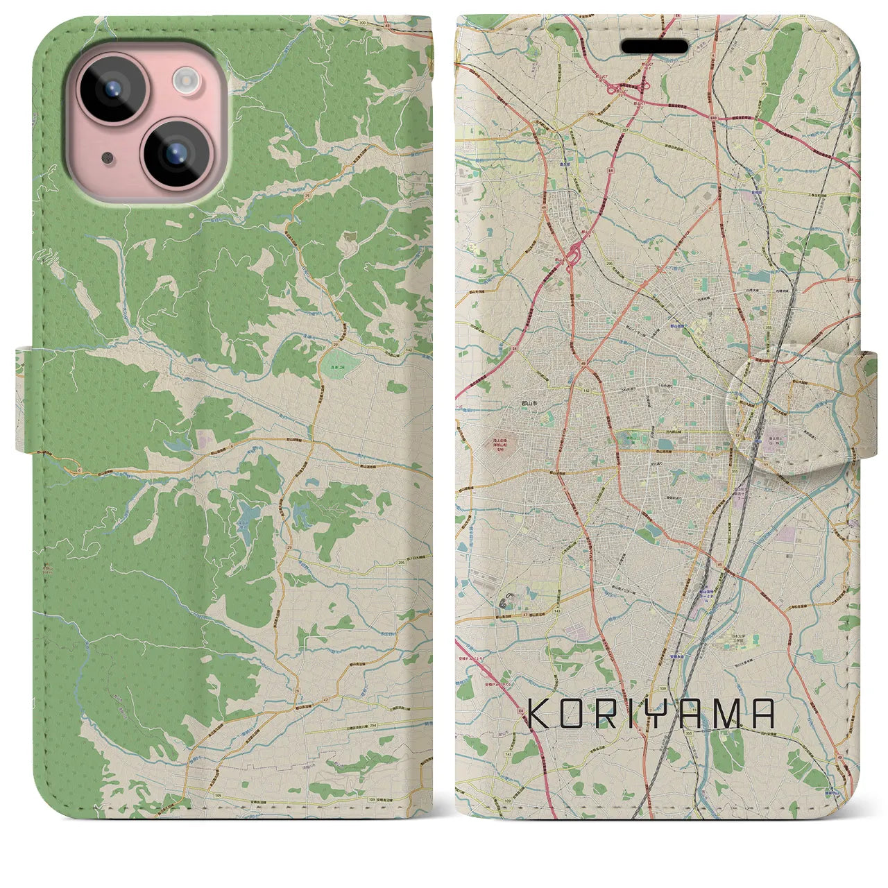 【郡山(福島県)】地図柄iPhoneケース(手帳タイプ)ナチュラル・iPhone 15 Plus 用