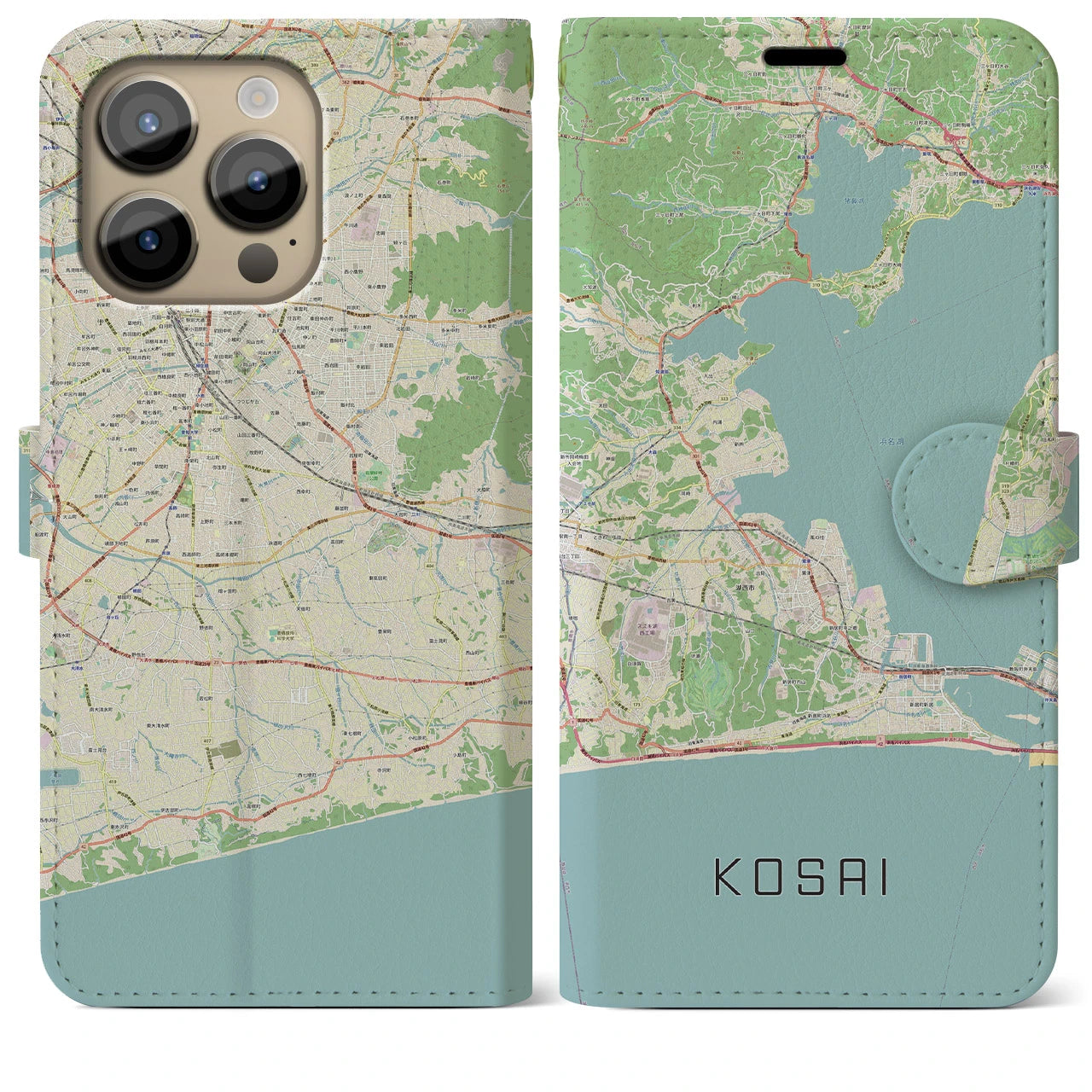 【湖西(静岡県)】地図柄iPhoneケース(手帳タイプ)ナチュラル・iPhone 14 Pro Max 用