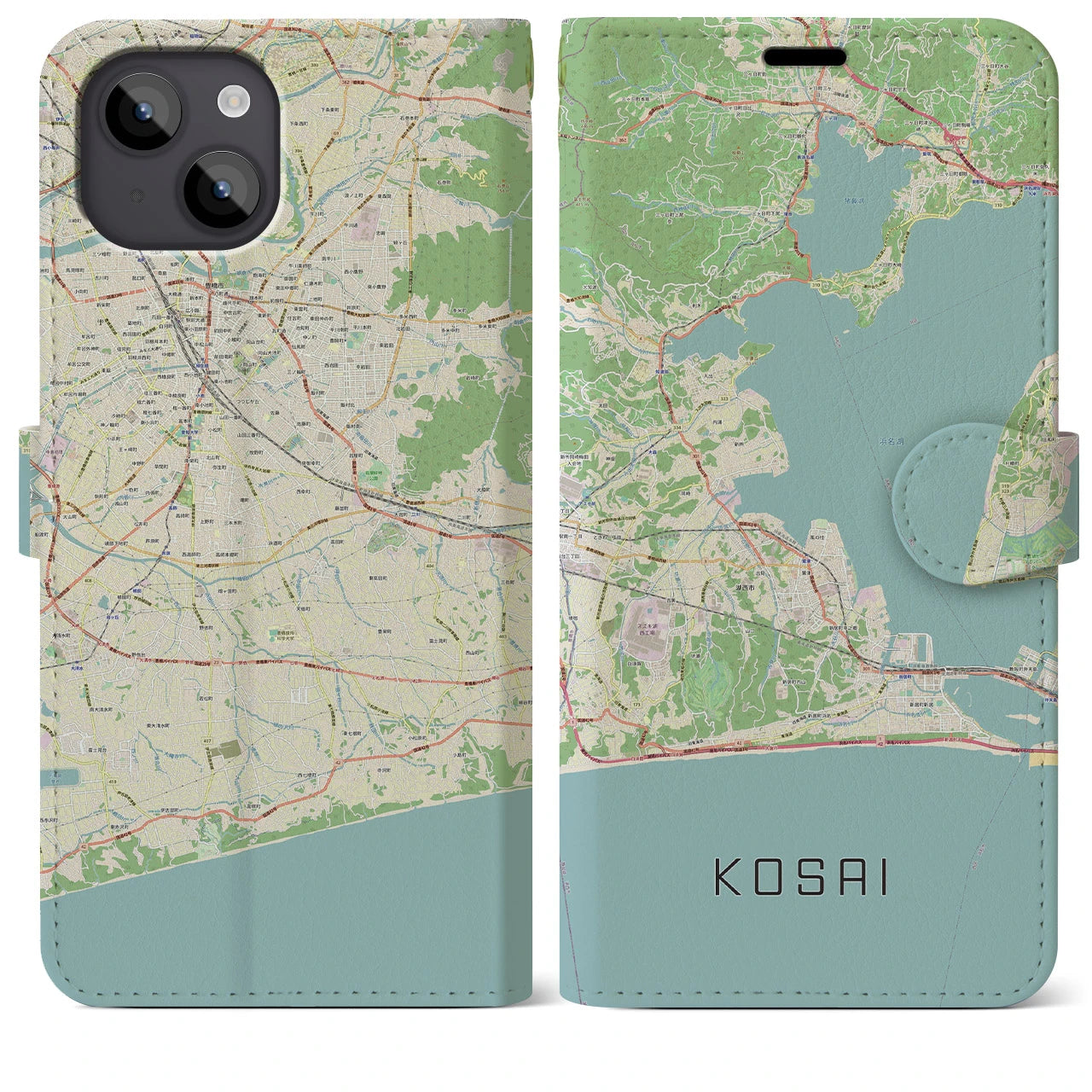 【湖西(静岡県)】地図柄iPhoneケース(手帳タイプ)ナチュラル・iPhone 14 Plus 用