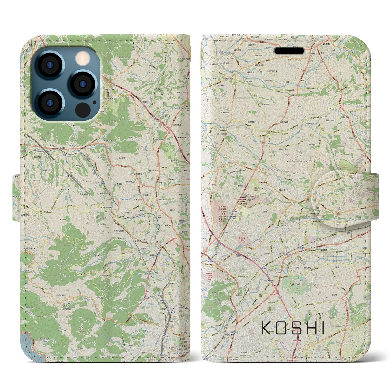 【合志(熊本県)】地図柄iPhoneケース(手帳タイプ)ナチュラル・iPhone 12 / 12 Pro 用