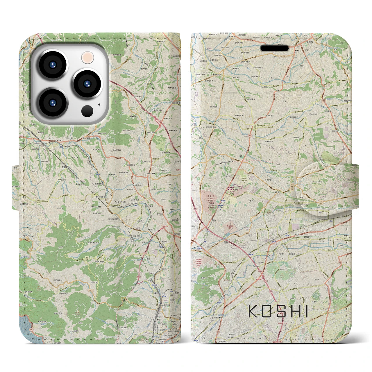 【合志(熊本県)】地図柄iPhoneケース(手帳タイプ)ナチュラル・iPhone 13 Pro 用
