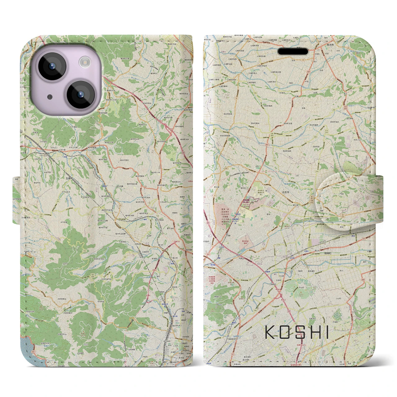【合志(熊本県)】地図柄iPhoneケース(手帳タイプ)ナチュラル・iPhone 14 用